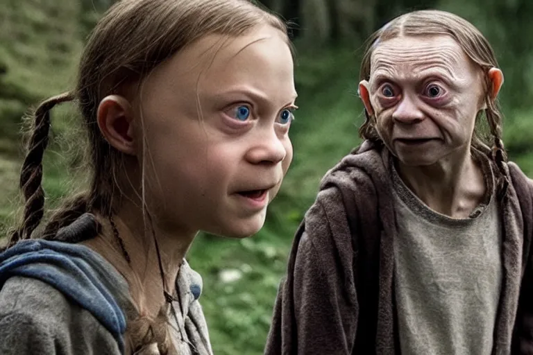 Prompt: greta thunberg as gollum, still shot from the new lord of the rings movie