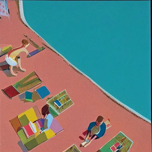 Prompt: Aerial view of a typical 1960s suburban family at the beach, painting by David Hockney, 1968