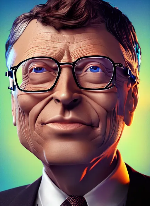 Image similar to big - headed bill gates superhero, hyper detailed, digital art, trending in artstation, cinematic lighting, studio quality, smooth render, unreal engine 5 rendered, octane rendered, art style by klimt and nixeu and ian sprigger and wlop and krenz cushart.