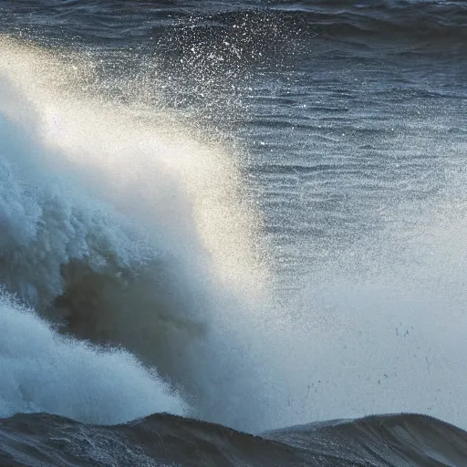 Image similar to a lion's face breaching through a wave, stormy weather