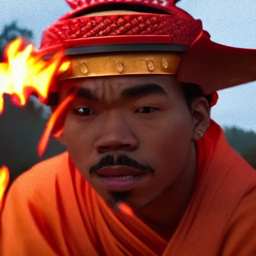 Image similar to cinematic film still of Chance The Rapper starring as a Samurai holding fire, Japanese CGI, VFX, 2022, 40mm lens, shallow depth of field, film photography