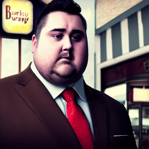 Image similar to Close up portrait of a chubby man wearing a brown suit and necktie with a bakery the background. Photorealistic. Award winning. Dramatic lighting. Intricate details. UHD 8K. He looks guilty.