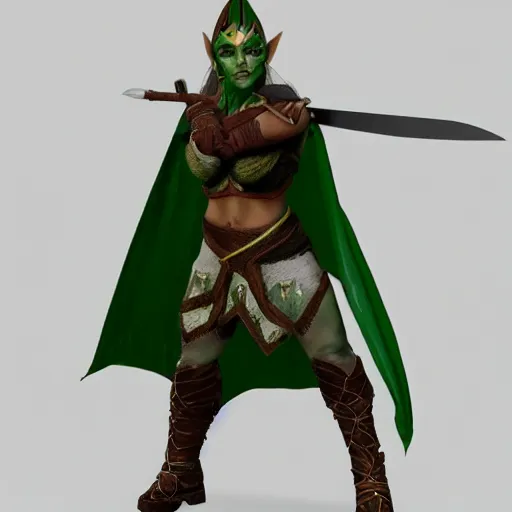 Prompt: hyper - realistic 3 d sculpture of the warrior elf aenur from the mordeim game, with a sword and wearing a green cape, unreal engine, detailed