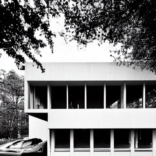 Image similar to second story cantilevered white brutalist office on top of 2 large piers, large windows, elegant, white stone, proportion, golden ratio, epic composition, steel window mullions, cars parked underneath, 1 6 : 9