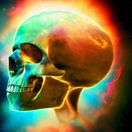 Image similar to dramatic render of a crystal skull flying through a space nebula, cgsociety, artstation, 4k