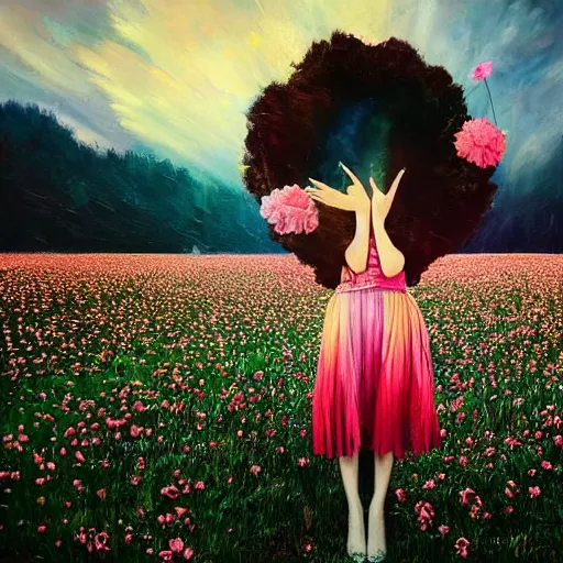 Image similar to girl with an exploding flower for a head, surreal photography, dream, standing in flower field, magical, in a valley, sunrise dramatic light, impressionist painting, colorful clouds, artstation, simon stalenhag, flower face