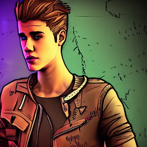 Prompt: justin bieber portrait, borderlands, tales from the borderlands, the wolf among us, comic, cinematic lighting, studio quality, 8 k