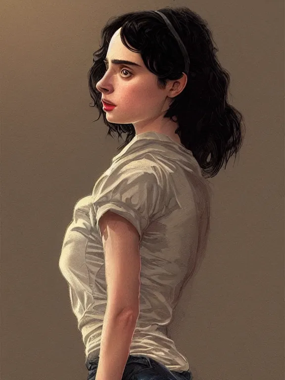 Prompt: young krysten ritter as nancy wheeler from stranger things,, intricate, highly detailed, digital painting, artstation, oppressive lighting, fashion concept art, sharp focus, illustration, art by greg rutkowski and alphonse mucha