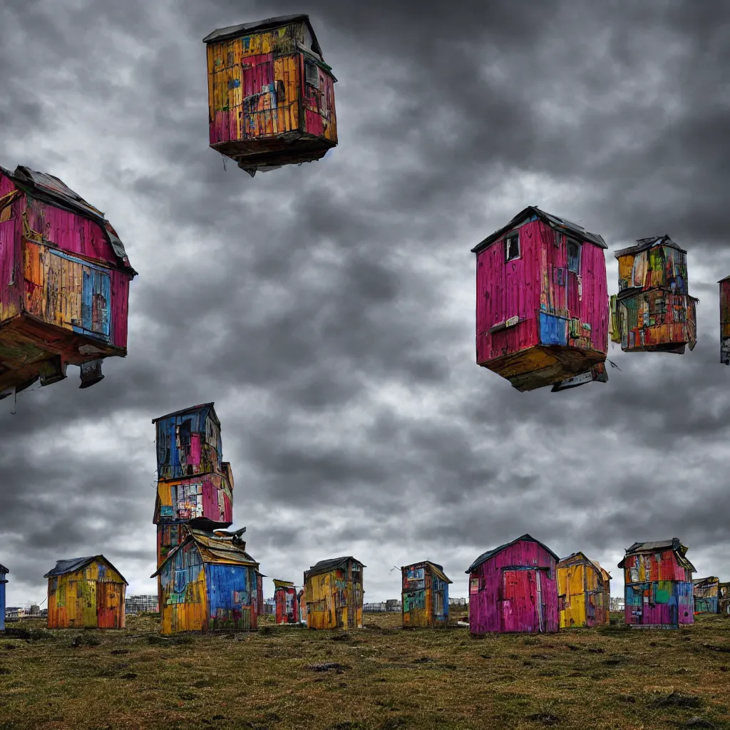 Prompt: three towers, made up of colourful makeshift squatter shacks, dystopia, hasselblad x 1 d, moody sky at the back, fully frontal view, very detailed, ultra sharp, photographed by jeanette hagglund