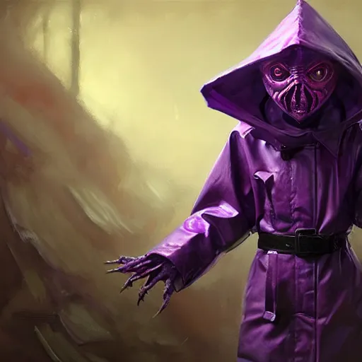 Prompt: Little nightmares purple raincoat demogorgon painted by raymond swanland