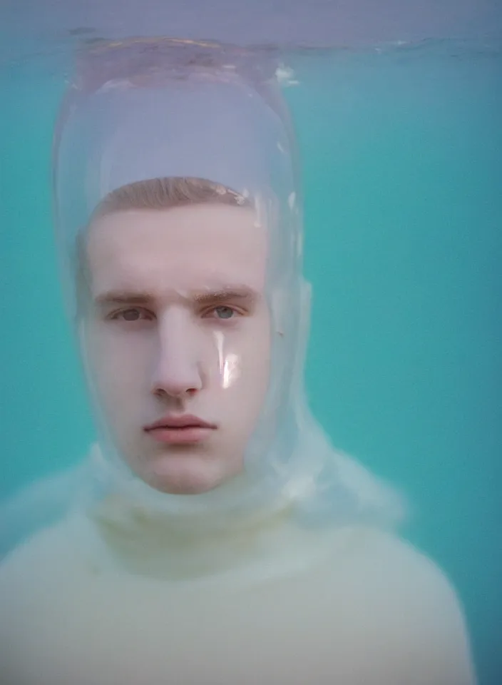 Prompt: high quality pastel coloured film portrait photograph of a beautiful young 2 0 year old male, soft features, short hair, wearing perspex space mask and oversized inflated clothing!! icelandic black rock pool environment. atmospheric three point light. photographic. art directed. ( pastel colours ). volumetric. clearcoat. waves. 8 k. filmic.