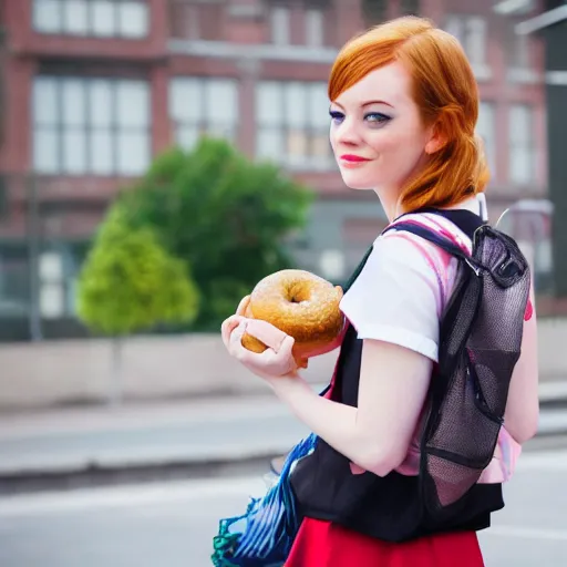 Prompt: photo of pigtailed emma stone as schoolgirl, holding mesh bag with bagels, street of moscow, shallow depth of field, cinematic, 8 0 mm, f 1. 8