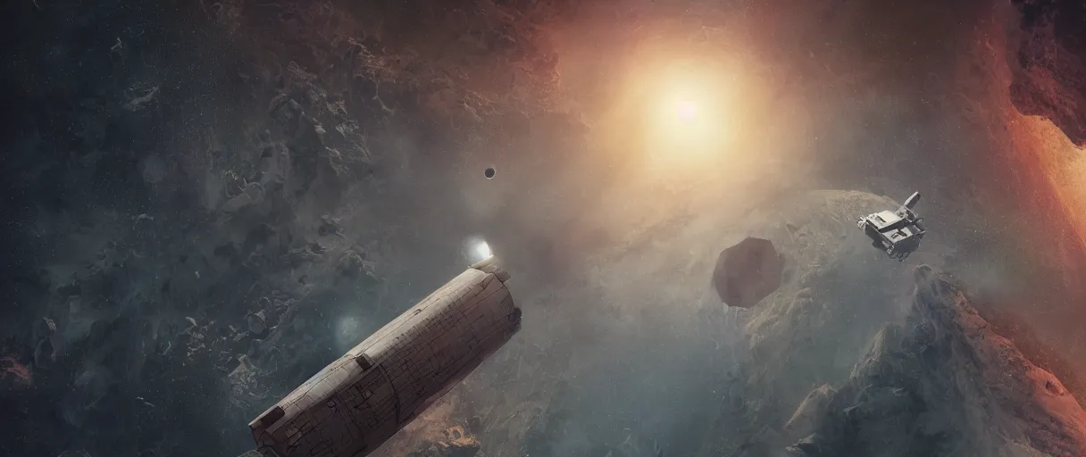 Image similar to illustration, a single small spaceship, deep space exploration, alone, the expanse tv series, industrial design, battlestar galactica tv series (2004), cinematic lighting, 4k, greebles, widescreen, wide angle, sharp and blocky shapes, hyper realistic, hubble photography, the final frontier, beksinski