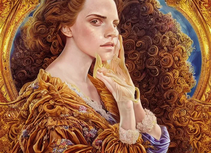 Image similar to beautiful oil painting, full length portrait of Emma Watson as Louis xiv in coronation robes 1701, Dan Mumford, Dan Mumford, Alex grey, Alex grey, highly detailed , lsd visuals, dmt fractal patterns, hallucinogen, visionary art, psychedelic art, ornate, vaporwave, baroque