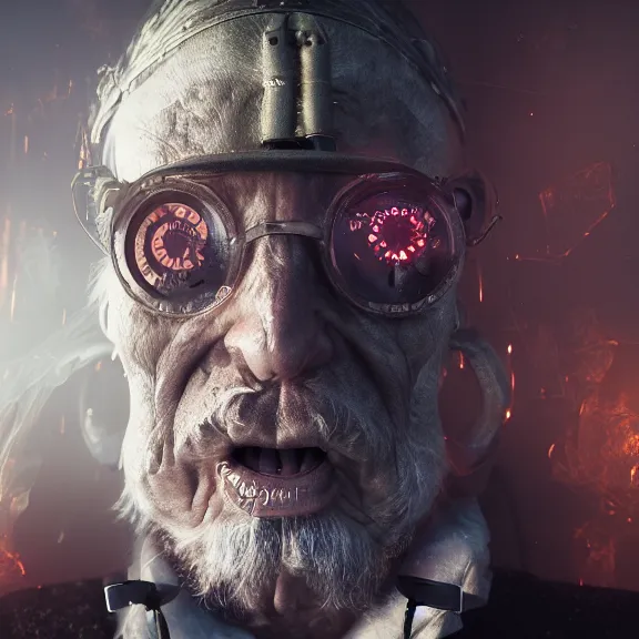 Image similar to a portrait of a steampunk elderly man as a demon on hell, dark, foggy, eerie, splash, sparkle, smoke, particles, octane render, unreal engine, artstation, digital art.