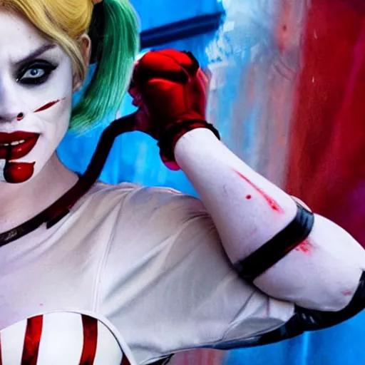 Prompt: Scarlett Johannsen as Harley Quinn, still from new Harley Quinn film