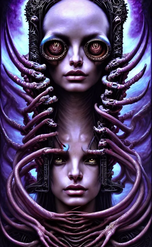 Image similar to A beautiful detailed alien goddess woman with 6 arms super dark tarot card, gorgeous model face by Stanley Artgerm, by tomasz alen kopera and Justin Gerard, 4 eyes, beautiful symmetrical features, ominous, magical realism, melting, texture, intricate, ornate, royally decorated, melting, whirling smoke, embers, purple adornments, blue torn fabric, radiant colors, fantasy, trending on artstation, volumetric lighting, micro details, 3d sculpture, ray tracing, 8k, anaglyph effect