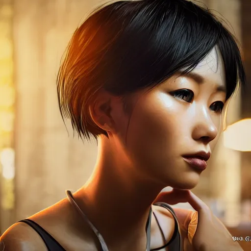 Prompt: woman sitting in a cafe in China, artwork by guweiz, short black hair, freckles, face tattoos, futuristic, cyberpunk face mods, sigma 85mm f/1.4, 4k, depth of field, unreal engine, stylized