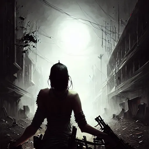 Image similar to only the dead have seen the end of war, artwork by artgerm, danger lurking in the night, fear of death, rendered in pov - ray, style of greg rutkowski and jackson pollock