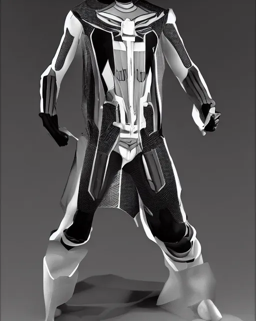 Image similar to black and white cyberpunk spiderman suit sleek greeble suit