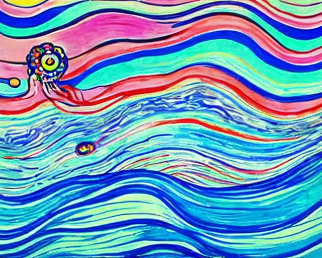 Image similar to Ocean waves in a psychedelic dream world. Edvard Munch. David Hockney. Takashi Murakami. Minimalist.