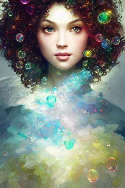 Image similar to bob ross, dreamy and ethereal,, fantasy, intricate, elegant, rainbow bubbles, highly detailed, digital painting, artstation, concept art, smooth, sharp focus, illustration, art by artgerm and greg rutkowski and alphonse mucha