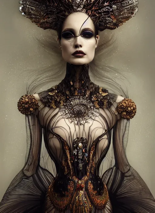 Prompt: portrait of beautiful female model by irakli nadar wearing intricate detailed avant garde dress design by rocky gathercole, haunting, elite, elegant, ruan jia, dark, hyper detailed, concept art, by gustav klimt,