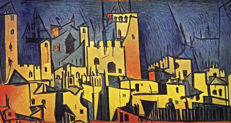 Prompt: color sketch of the tower of london, highly detailed, dramatic lighting, intense shadows, rich deep colours, by pablo picasso