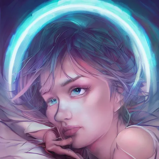 Image similar to Art station concept of a beautiful girls laying in front of a dark deamon, compulsion, Hypnosis, hypnotising, hypnotic eyes, light blue eyes, spiral eyes, symmetrical face, by Stanley Artgerm Lau, WLOP, Rossdraws, James Jean, Andrei Riabovitchev, Marc Simonetti, and Sakimichan, trending on artstation