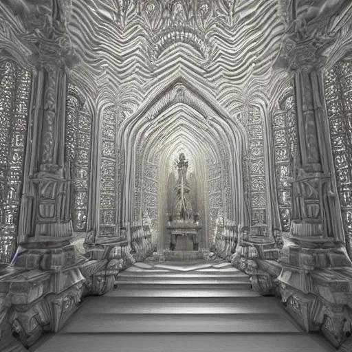 Image similar to a hyperrealistic 3 d render of a sprawling fractal cathedral interior populated by mandelbrot fractals, unreal engine, carved ivory, carved soap, white color scheme, physically based render, volumetric lighting, octane render, glowing, carved marble, opalescent, sacred geometry, catholicpunk, stark, 8 k, ultra detailed