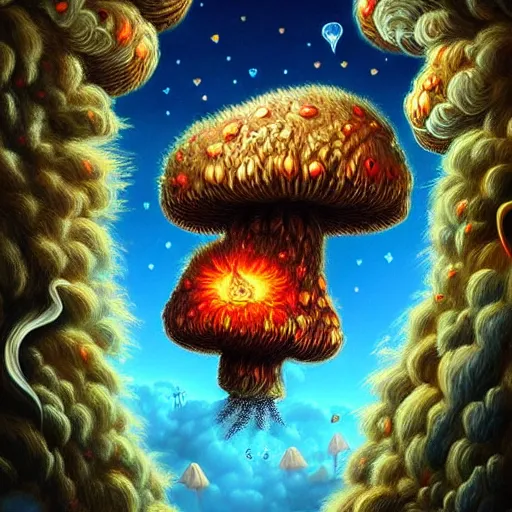 Prompt: ❤🔥🍄🌪, trending on art station, in the sky, highly detailed surrealist art, elaborate detail fluffy monsters