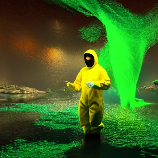 Image similar to a man in a yellow hazmat suit pours glowing green liquid into a magical river, photorealistic painting, concept art, rendering, octane, redshift, cinematic composition, volumetric lighting