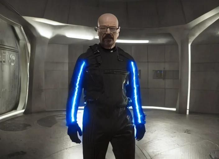 Image similar to film still of Walter White as Gordan Freeman wearing a black HEV suit with a lambda logo in front with a glowing blue portal in the background in the Half Life Movie, 4k