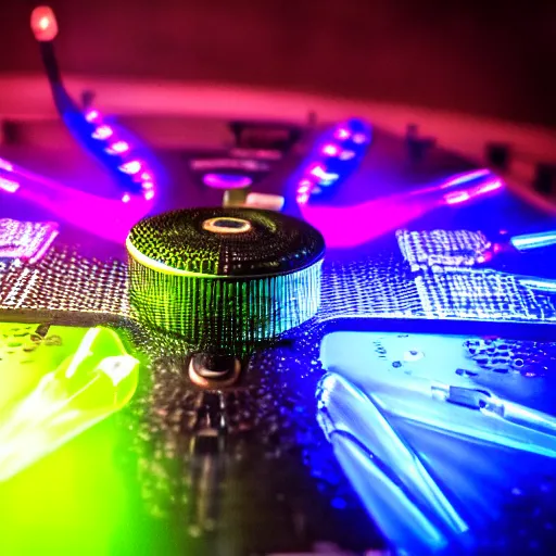 Image similar to A hd photo of a Dj playing his mixer in a rave with a lot of dragonflies around him. neon dragonfly, lights