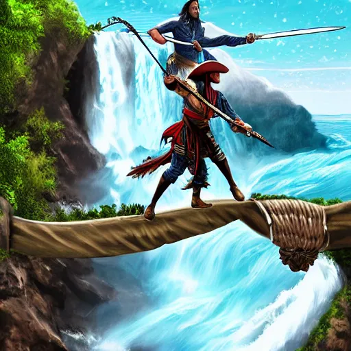 Image similar to two pirates having a sword duel on top of a rope bridge in front of a large waterfall, digital art