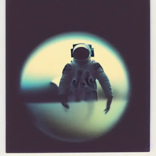 Image similar to polaroid of a reflection, optical illusion, astronaut