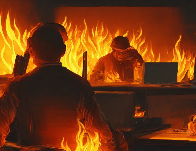 Image similar to a man works at a workstation in a very hot office with burning fires, close up, featured in artstation, intricate, ultra detailed, concept art, wide - angle lens, sharp focus, illustration, 8 k