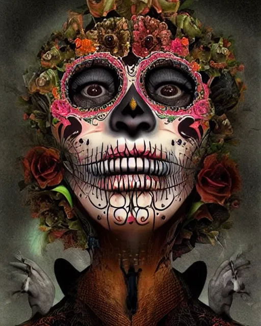 Image similar to dia de los muertos theme surrealist art in the styles of igor morski, jim warren, and a tim burton film, intricate, hyperrealistic, accurate facial details, profile picture with chromakey!!!!! background, volumetric lighting