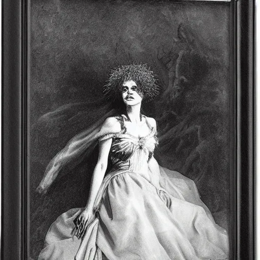 Prompt: portrait of young elsa lanchester as the bride, frankenstein, by gustave dore,