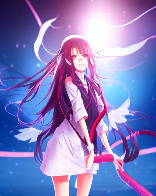 Image similar to anime style, vivid, expressive, full body, 4 k, painting, a cute magical girl with a long wavy black hair wearing a nurse outfit, stunning, realistic light and shadow effects, centered, simple background, studio ghibly makoto shinkai yuji yamaguchi