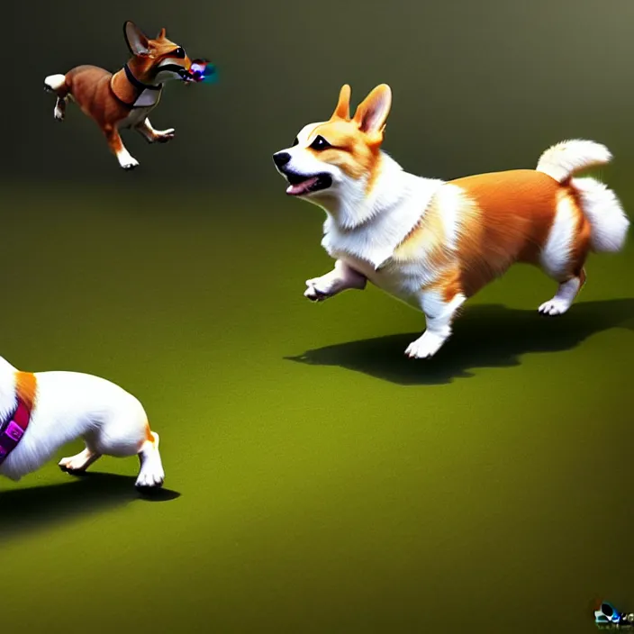 Image similar to epic professional digital art of a corgi chasing a frog, best on artstation, cgsociety, wlop, Behance, pixiv, cosmic, epic, stunning, gorgeous, much detail, much wow, masterpiece by Dorian Cleavanger and Stanley Lau