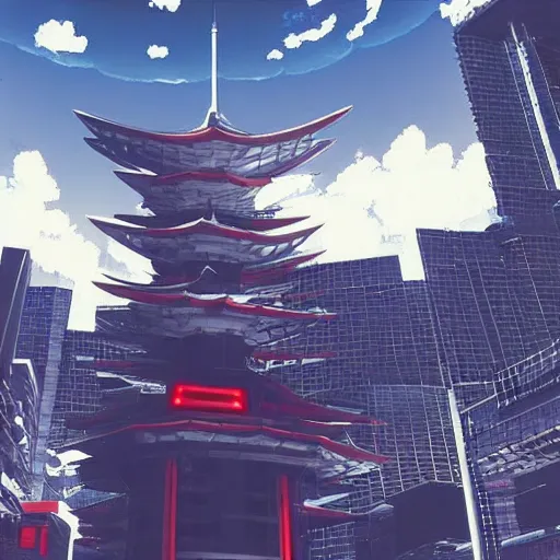 Image similar to “arasaka tower grounds being patrolled by mechs. Anime background art in the style of Akira. HD hyperrealistic 8K photomode.”