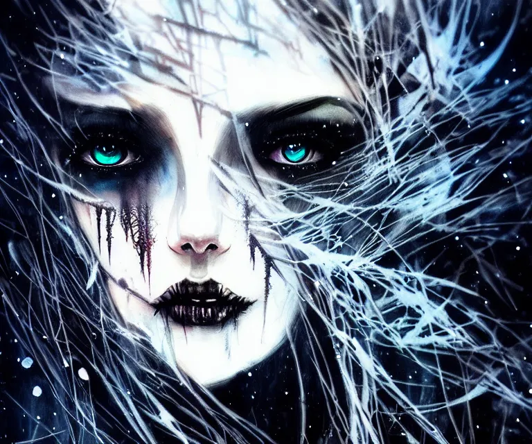 Image similar to stunning otherworldly gothic goddess of ice fire, dark and mysterious, atmospheric, ominous, eerie, cinematic, epic, 8 k, 4 k, ultra detail, ultra realistic, rendered by awesomeness. nights falling wind is blowwing snow is pilling concept art in style of carne griffiths artwork by xsullo