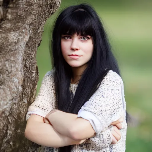 Image similar to young woman with long messy black hair, slightly smiling, 1 3 5 mm nikon portrait