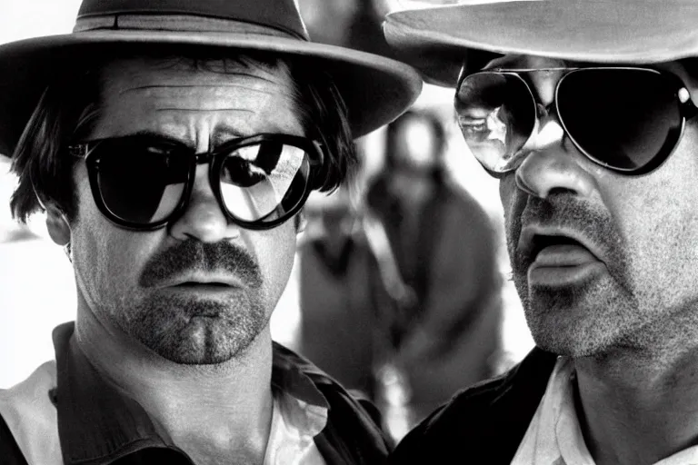 Image similar to colin farrell as raoul duke and javier bardem as dr gonzo in