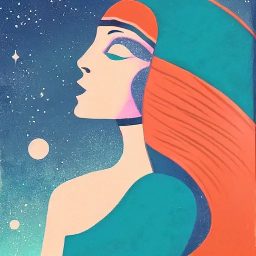Image similar to art deco of a space woman, teal pallette, random artist