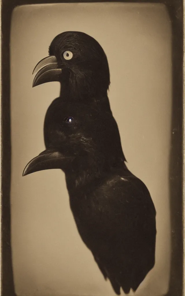 Prompt: portrait of a humanoid crow wearing a man face as mask, daguerreotype, studio lighting, hyperrealistic, ultra detailed