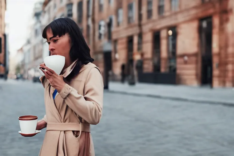 Image similar to Flim still of a woman drinking coffee, walking to work, long shot, wide shot, full shot