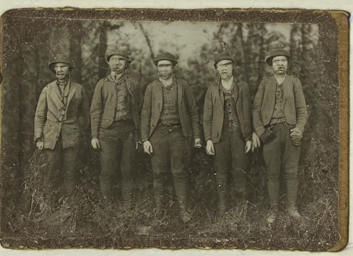 Prompt: tintype photo of a group of men after a successful hunt in the forest, standing over a deceased sasquatch