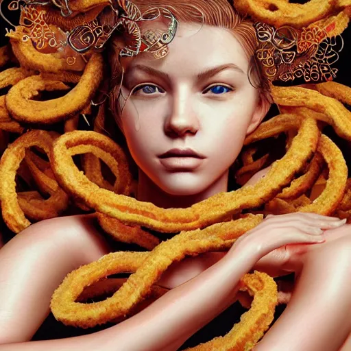 Image similar to the portrait of an unbelievably beautiful woman partially made of onion rings, an ultrafine detailed illustration by james jean, final fantasy, intricate linework, bright colors, behance contest winner, vanitas, angular, altermodern, unreal engine 5 highly rendered, global illumination, radiant light, detailed and intricate environment